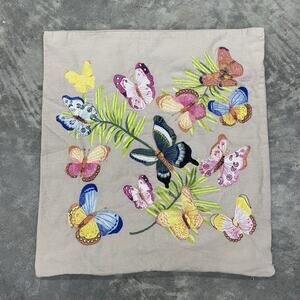 Magaschoni Home Embroidered Butterfly 20 in Square Pillow Case Zip Cotton Beige